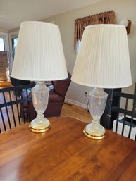 Lamp Pair - Cut Glass With Brass Base.  Both Tested And Working.