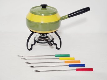 Vintage MCM Avocado Green & Yellow Fondue Pot & Fork Set - Made In Japan