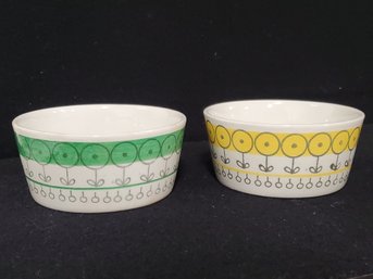 Two Vintage Upsala Eckeby Lime Green & Yellow Furuvik Floral Small Bowls - Made In Sweden