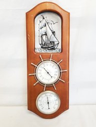 Vintage Wooden Weather Station Thermometer With Sailboat Design