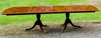 Beautiful Mohagany Double Pedestal And Sandlewood Banded Inlaid Dining Room Table With Two Leaves