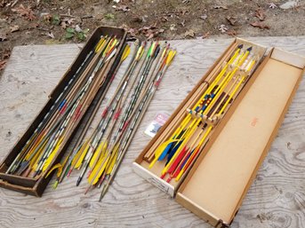 Assortment Of Bear & Easton Hunting Archery Arrows & Two Storage Bags