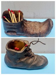 Rare Antique Shoes One Is Bronze The Other Is Wood.  Both Seem To Be Used As Match Holders