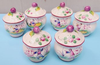 Six Vintage St. Clemente Of France Jam Jars With Lids,   Asian Hand Painted Motif