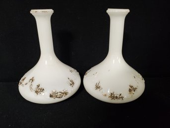 Two Antique White Milk Glass Decanters Embossed With Gold Painted Accents