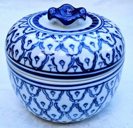 Vintage Hand-Painted Porcelain Candy/Trinket Dish With Lid.  Delph Blue On White