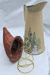 Holiday Decor Wicker Horn Of Plenty, Hand-painted Snowman Pitcher Vase, Metal Spiral Tree