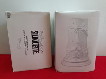 Pair Of Winter Silhouette White Porcelain Candle Cylinders Christmas Lot #44