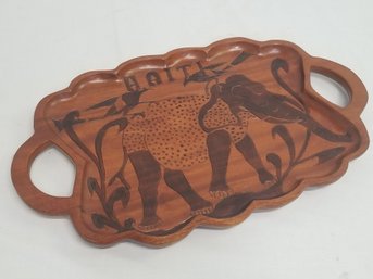 Vintage Hand Carved Haitian Folk Art Wooden Tray Platter With Elephant & Birds