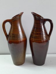 Pair Of Hosley Potteries Brown Glazed Pitchers