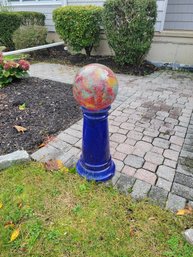 Yard Art - Crackled Glass On Blue Ceramic Base.