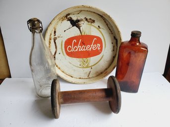 Vintage Pot Luck - Schaefer Beer Tray, Bottles, Antique Wood Spool