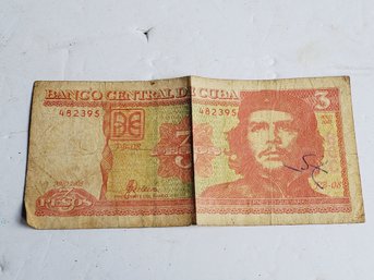 Vintage Banco Central De Cuba 3 Pesos Banknote