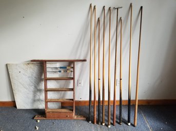 Vintage Assortment Of Pool Billiard One Piece Cue Sticks & Wall Rack With Scorers