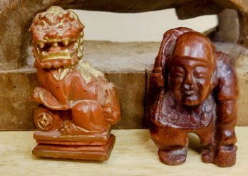 Two Vintage Chinese Resin Figurines, Foo Dog And God Of Laughter