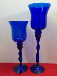 Blue Glass Stemmed Candle Holders