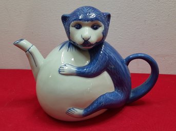 Blue Glazed Monkey Tea Pot Pottery Lot #13