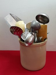 Kitchen Utensil Lot In Pottery Crock