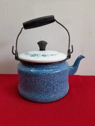 Blue And White Speckled Enamel Tea Kettle