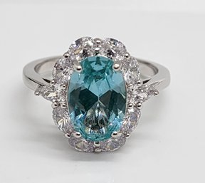 Green Spinel & White Diamond Iimulant, Rhodium Over Sterling Ring