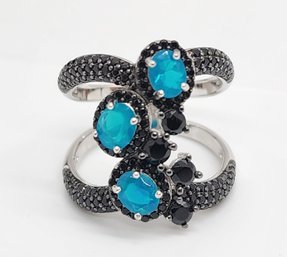 Blue Color Opal, Black Spinel, Rhodium Over Sterling Ring