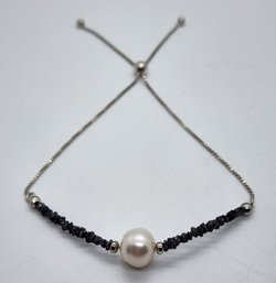 Black Diamonds, White Cultured Freshwater Pearl, Rhodium Over Sterling Bolo Bracelet