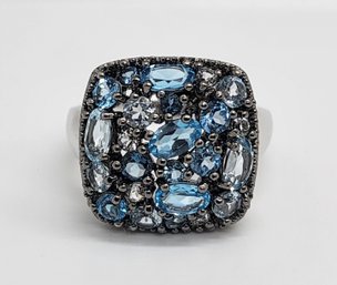 Mixed Shapes, Multi-color Blue & White Topaz, Rhodium Over Sterling Ring