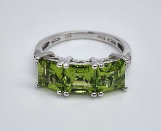 Premium Peridot, White Zircon 3 Stone Ring In Rhodium Over Sterling