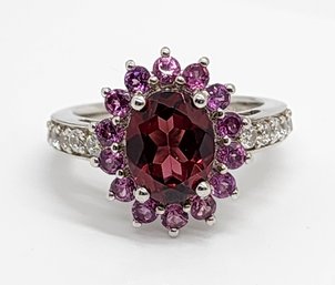 Wine Garnet, White Zircon Ring In Platinum Over Sterling