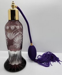 Vintage Czech, Bohemian Purple Cut Crystal Perfume Bottle With Atomizer