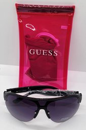 Guess Shiny Black/gradient Smoke Shield Sunglasses With Pink Case