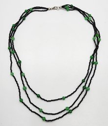 Black Spinel, Green Jade Beaded Necklace In Sterling