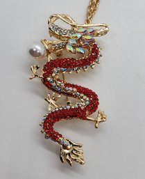 Multi-color Austrian Crystal, Resin Dragon Pendant Necklace In Gold Tone