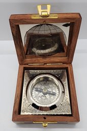 Handcrafted Wooden Box With Built In Silvertone Compass