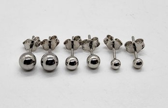 Set Of 3 Stud Ball Earrings In Rhodium Over Sterling