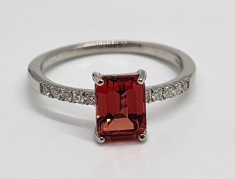 Padparadscha Sapphire, Moissanite Ring In Platinum Over Sterling