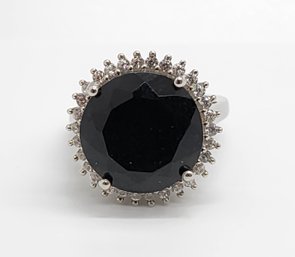 Australian Black Tourmaline, White Zircon Ring In Platinum Over Sterling