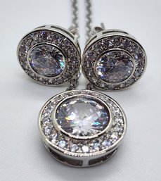 Simulated White Diamond Pendant Necklace & Stud Earrings In Silvertone