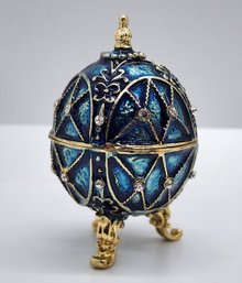 White Austrian Crystal, Blue Enameled Easter Egg Trinket Box In Gold Tone & Silvertone