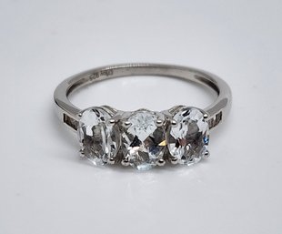 Brazilian Goshenite, Diamond 3 Stone Ring In Platinum Over Sterling