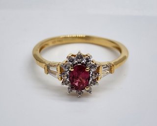 Premium Rubelite, White Zircon Ring In Yellow Gold Over Sterling