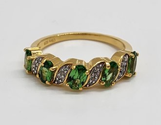 Premium Tsavorite Garnet, White Zircon Ring In Yellow Gold Over Sterling