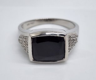 Black Spinel, White Zircon Men's Ring In Platinum Over Sterling