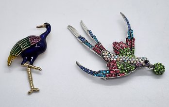 Pair Of Multi-color Austrian Crystal Enameled Egret & Crane Brooches