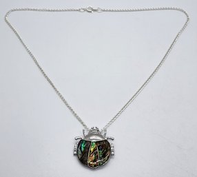 Abalone Shell Ladybug Pendant Necklace In Silvertone