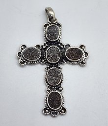 Platinum Drusy Quartz Cross Pendant In Sterling