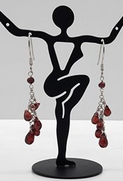 Red Garnet Drop Earrings In Rhodium Over Sterling