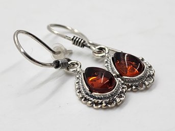 Baltic Cognac Color Amber Dangle Earrings In Sterling