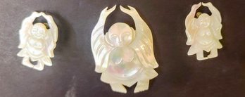 Trio Of Carved Mother Of Pearl Buddhas Pins