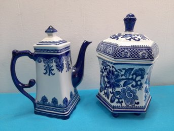 Blue And White Tea Pot And Canister Lot #29